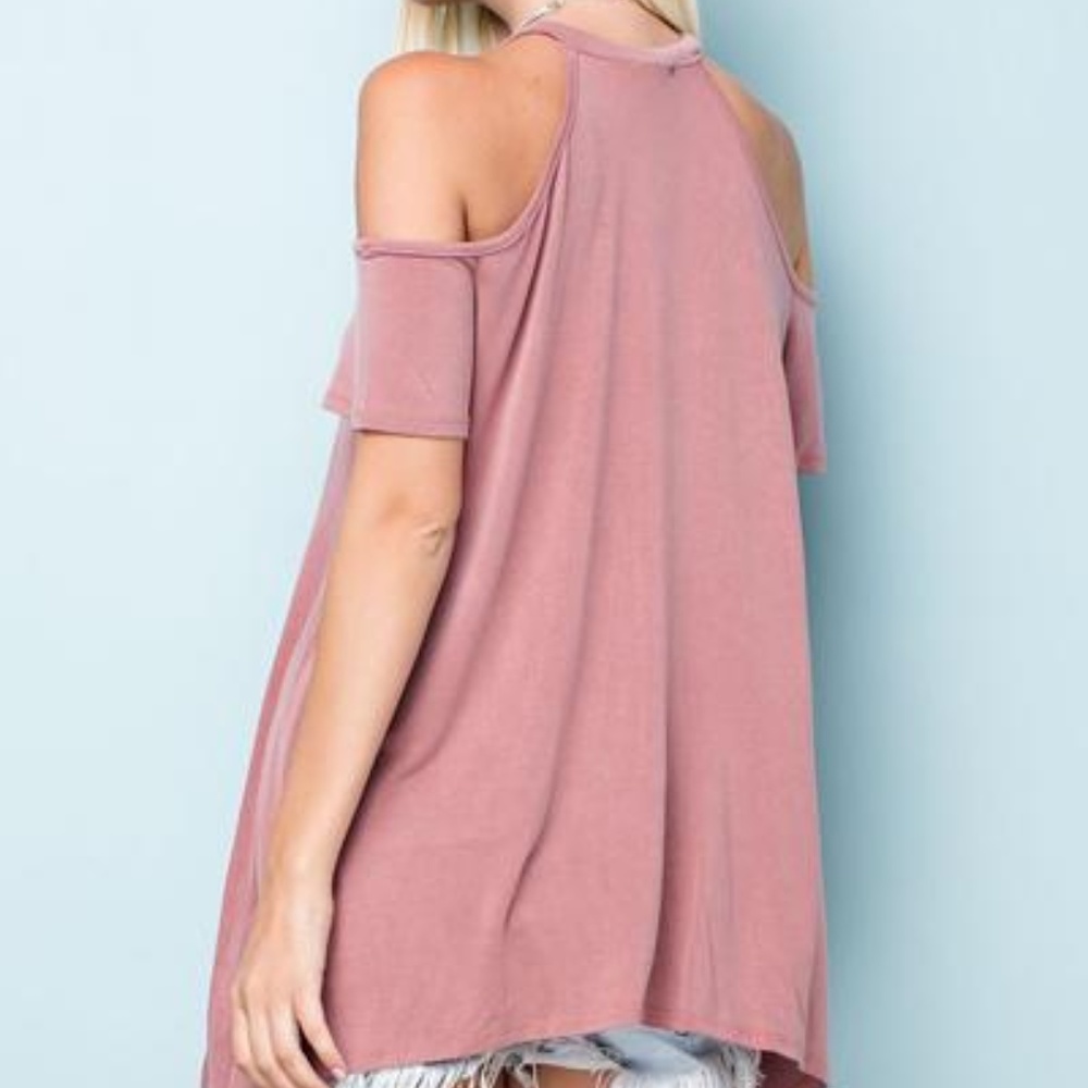 Off Shoulder Tee Shirt Cut Out Choker Top Blush - Picture 3 of 4